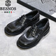 BESNOS意大利品牌馬皮商務(wù)休閑皮鞋男士真皮寬版手工帆船鞋復古水洗男鞋 黑色 43 （標準皮鞋碼）