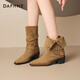 達芙妮復古褶皺短靴女秋冬季美拉德西部馬丁靴4025605035 駝色    37   