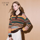 三彩2025冬季新款條紋提花針織衫寬松長(cháng)袖立領(lǐng)復古套頭毛衫M