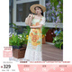 兩三事梵高文藝 滿(mǎn)園假日 2025夏季新款蕾絲拼接印花泡泡袖連衣裙 黃綠色 S