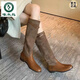 啄木鳥(niǎo)美拉德卡其色高筒靴子女騎士靴拼接圓頭平底冬季加絨長(cháng)筒靴2025款 棕色 38