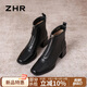 ZHR頭層牛皮短靴女復(fù)古粗跟靴子女秋冬時(shí)尚方頭女靴 S521 尊貴黑 38 