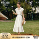 Olrain【七夕】歐芮兒米白色連衣裙女春夏2025新款復古通勤連肩袖襯衫裙 米白色 L