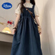 迪士尼（Disney）女童連衣裙牛仔背帶裙短袖襯衫套裝兩件套春夏裝學(xué)院風(fēng)中長(cháng)款裙子藍色牛仔背帶裙【單件】170 (95-115斤)