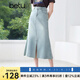 百圖betu女裝2025夏季新款半身裙前開叉棉感牛仔魚尾裙裙子女2505T52 淺牛仔藍 L