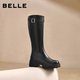 百麗（Belle）復古時(shí)尚騎士靴女冬季新款商場(chǎng)同款真皮厚底高筒靴E6A1DDG5 黑色-單里 37 (235mm)
