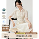 尚都比拉夏季禪意新中式包扣盤(pán)扣荷葉袖花卉提花V領(lǐng)連衣裙女 淺杏色 XL 
