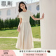 香影圓領(lǐng)短袖連衣裙女2025夏季新款米白色棉質(zhì)大擺收腰木耳邊裙子 米黃 S 155/80A/85-95斤
