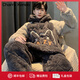 Charm Kendo男士睡衣秋冬加厚加絨珊瑚絨青少年卡通連帽保暖家居服套裝可出門 灰色 送男友送老公 XL（130-150斤）