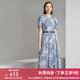 顏域印花短袖連衣裙女裝2024新款夏裝復古通勤藍色中長(cháng)款圓領(lǐng)裙子 藍花 L/40