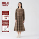 無印良品（MUJI）女式法蘭絨抽褶連衣裙女裝裙子長袖秋冬季打底裙純棉BC08CC4A 淺米色格紋 M (160/84A)