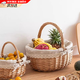 柳藤編野餐籃子戶(hù)外購物籃編織手提籃筐雞蛋籃買(mǎi)菜收納筐水果花籃 原木色麻布小號