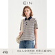 EIN言?；陾l紋撞色POLO領(lǐng)文藝休閑寬松短袖T恤上衣女2025夏季新款 墨藍 M