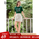 百圖betu女裝夏季新款T恤圓領(lǐng)印花釘珠純棉短袖上衣女2406T13 深綠 S