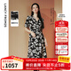 朗姿【王楚然同款】2025年夏季新款連衣裙法式設計感印花黑色裙子 黑色 2XL