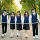 合唱朗誦演出服初中生高中生小學(xué)生班服套裝學(xué)院風(fēng)校服背心三件套 女藍(lán)背心+白長(zhǎng)袖+黑中裙+紅冠花 2XL