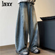 IZEXX美式闊腿彎刀牛仔褲男款春季復古直筒寬松拖地長(cháng)褲子MG96藍色2XL
