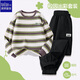 唐獅男童春季套裝中大童春裝條紋長(cháng)袖T恤休閑工裝褲 杏綠    150   
