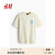 H&M【史努比】男裝女裝T恤秋季印花圓領(lǐng)寬松落肩情侶裝短袖0972640 淺米色/史努比 170/92