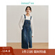 茵曼（INMAN）【商場(chǎng)同款】牛仔背帶裙2024春秋女裝新品后下擺開(kāi)叉休閑長(cháng)裙 牛仔藍 S