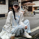 京多夢(mèng)美式復古長(cháng)袖t恤女春秋2025新款蝴蝶結字母印花時(shí)尚寬松顯瘦上衣 白灰色 M 白灰色（90-105斤）