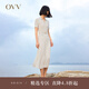 OVV2023春夏新款女裝復古優(yōu)雅翻領(lǐng)短袖休閑彈力針織連衣裙 米杏條紋14 L