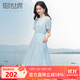 熙世界（sllsky）藍色亞麻連衣裙女2025女裝新款氣質(zhì)優(yōu)雅收腰圓領(lǐng)泡泡袖裙子秋裝 鹽水藍 M
