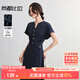 尚都比拉翻邊袖V領(lǐng)氣質(zhì)連衣裙女夏季交叉腰帶撞色扣A字裙修身顯瘦中長裙