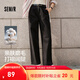 森馬（Semir）休閑褲女純棉打褶闊腿褲腰帶鹽系通勤秋季復古磨毛長(cháng)褲顯腿長(cháng) 黑色90001 L