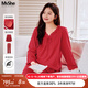 MsShe【全棉】大碼女裝2025秋裝胖mm蕾絲拼接免穿文胸家居服套裝 中國紅色現貨 4XL