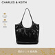 CHARLES&KEITH柔軟褶皺大容量單肩托特包包女包生日禮物CK2-30782457 Black黑色 大包