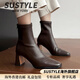 SUSTYLE國際高端品牌女裝2025冬季新款法式粗跟高跟瘦瘦靴女顯瘦短靴女 棕色[單里][精美禮盒] 33 [標準碼]