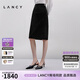 朗姿/LANCY秋新款絲絨高腰鉆扣及膝直筒裙輕奢復古半身裙女 黑色 2XL