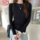 浪莎（LangSha）韓版復古圓領(lǐng)不規則下擺長(cháng)袖打底衫女小眾褶皺拼接上衣 黑色 2XL