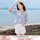 香影【王楚然明星同款】白色娃娃衫上衣女夏含亞麻小衫淡人薄v領襯衫 藍色 L 165/88A/110-125斤