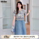 MsShe【復(fù)古國風(fēng)印花連衣裙】大碼女裝2025夏胖mm拼接蕾絲牛仔裙 牛仔淺藍(lán)色現(xiàn)貨 3XL