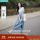 茵曼（INMAN）丁達(dá)爾漸變色圓領(lǐng)針織衫短袖T恤女裝2025夏季新款上衣 藍(lán)白條 S