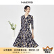 娜爾思（NAERSI）撞色柔彈V領(lǐng)時尚印花收腰連衣裙女新款雪紡裙 中群青藍色 XL