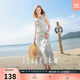 三彩2025夏季新款雪紡連衣裙無(wú)袖荷葉邊斜裁A字裙魚(yú)尾長(cháng)裙M 霧霾藍花卉 S 155/80A