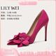 Lily Wei【香榭麗舍】花朵顯白絕美高跟鞋小眾淺口單鞋大碼 玫紅色【跟高10cm】 36