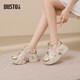 大東老爹鞋女鞋春秋季新款粗跟高跟系帶圓頭色彩拼貼0741 米色 37