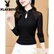 花花公子（PLAYBOY）花花公子黑色蕾絲打底衫女內(nèi)搭2025秋裝新款復(fù)古盤扣小衫網(wǎng)紗長袖 黑色(長袖) M 建議85-100斤