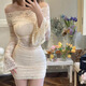 彩木夏辣妹露肩鏤空一字肩連衣裙女秋季新款修身顯瘦喇叭袖蕾絲包臀短裙 杏色 M 95-110斤（1米6身高標準）