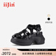 艾今（IIJIN）2025夏季新款9.5cm厚底增高超輕百搭松糕羅馬涼鞋豬籠鞋女931ANA 黑色 38