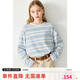 ELLE KIDS春季新款女童圓領(lǐng)復(fù)古藍(lán)白條紋全棉休閑打底衫寬松長(zhǎng)袖T恤上衣