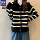 羅蒙學(xué)院風(fēng)翻領(lǐng)針織開(kāi)衫外套女春秋大碼胖mm條紋上衣今年流行毛衣 黑色 3XL 【建議160-180斤】