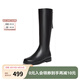 百思圖冬商場新款牛皮長筒靴騎士靴粗跟加絨棉鞋女靴A5206DG4 黑色絨里 37