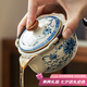 唐豐汝窯青花手抓壺二才蓋碗防燙陶瓷泡茶壺 米黃繁花荷韻手抓壺