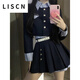 LISCN秋冬美式學院風假兩件上衣套裝新款女裝辣妹感百褶短裙兩件套女裝 套裝*8051藏青色外套+半身裙腰帶 S