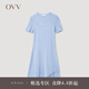 OVV2023春夏新款女裝彈力修身A型傘裝不對稱短袖U領(lǐng)針織裙 藍(lán)灰鑲拼09 M